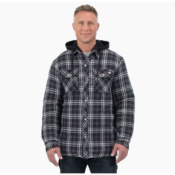 Dickies Flannel Hooded Shirt Jacket Insulated Black/Gray Plaid Men’s S Workwear - Picture 1 of 15